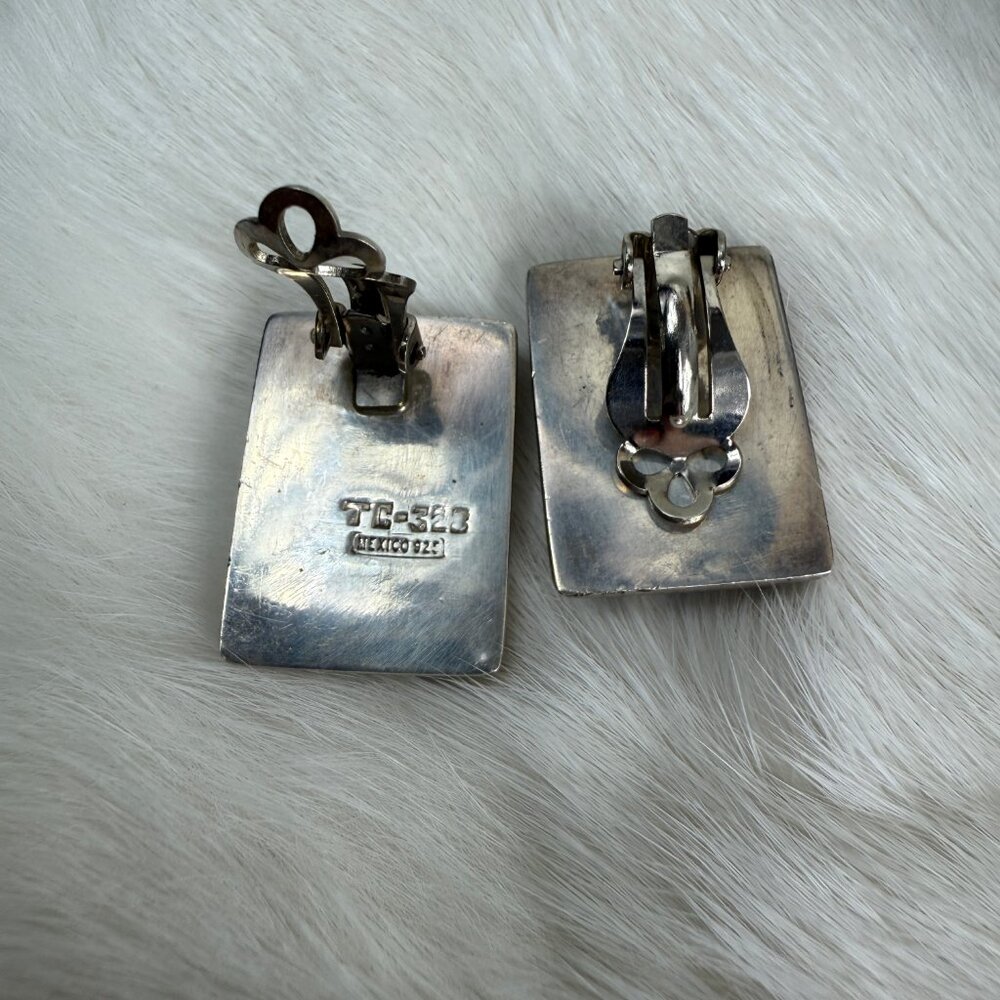 Vintage SET Taxco Sterling Silver & Onyx MOD Rectangle Pendant & Clip-on Earring - Picture 7 of 7